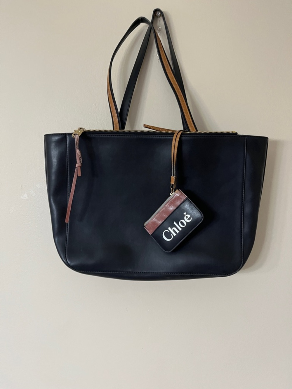 Chloé Black Leather Tote with Tan Strap Accents and Branded Card Pouch
